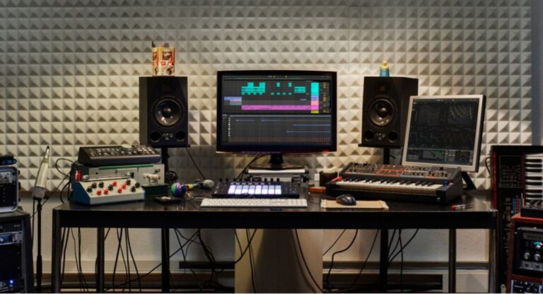 Best PC motherboard for music production showing high-performance audio workstation setup with CPU, RAM, and SSD for smooth recording and mixing