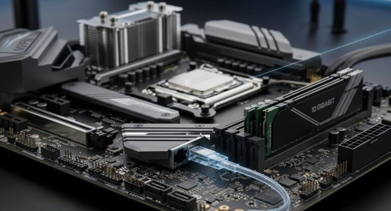 motherboards with 10Gb Ethernet high-speed LAN port close-up