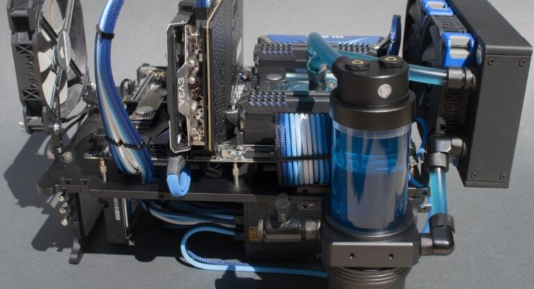 PC motherboard test bench with open-frame design for hardware testing and troubleshooting