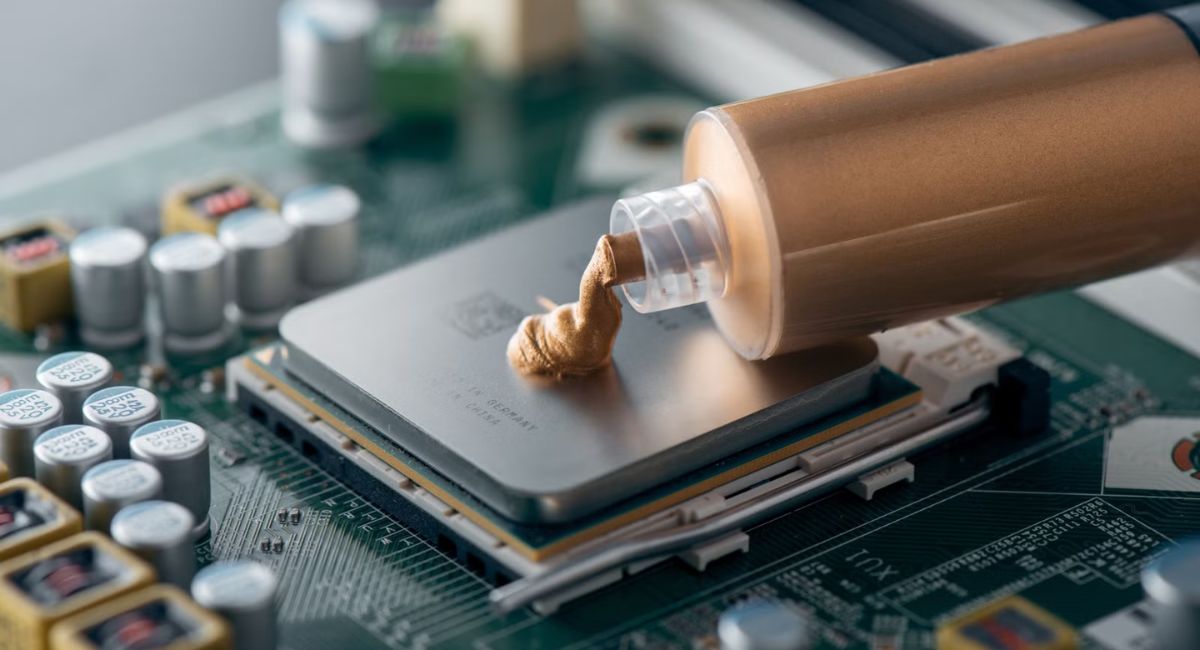 Motherboard with CPU socket showing thermal paste application process
