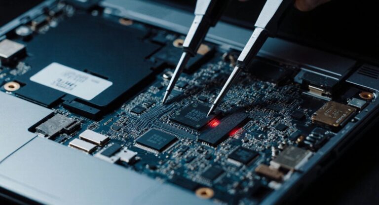 Laptop repair technician replacing motherboard showing cost to replace motherboard laptop concept