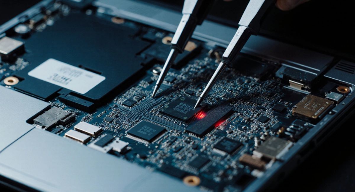 Laptop repair technician replacing motherboard showing cost to replace motherboard laptop concept