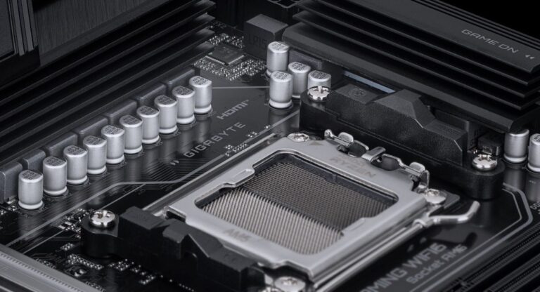 Alt Text: Gigabyte B850 Gaming WiFi 6 motherboard SATA connections showing SATA ports for connecting HDD and SSD storage drives in a gaming PC setup.