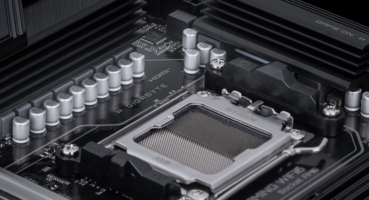 Alt Text: Gigabyte B850 Gaming WiFi 6 motherboard SATA connections showing SATA ports for connecting HDD and SSD storage drives in a gaming PC setup.