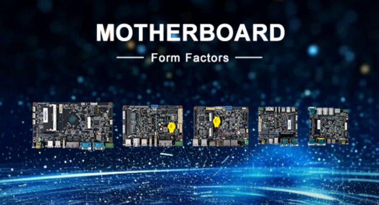 Diagram showing motherboard form factors including ATX, Micro-ATX, Mini-ITX, and E-ATX sizes with layout comparison inside different PC cases.