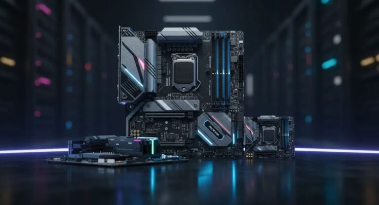 Full-size black ATX motherboard with four RAM slots, multiple PCIe expansion slots, large heatsinks, and RGB lighting accents.
