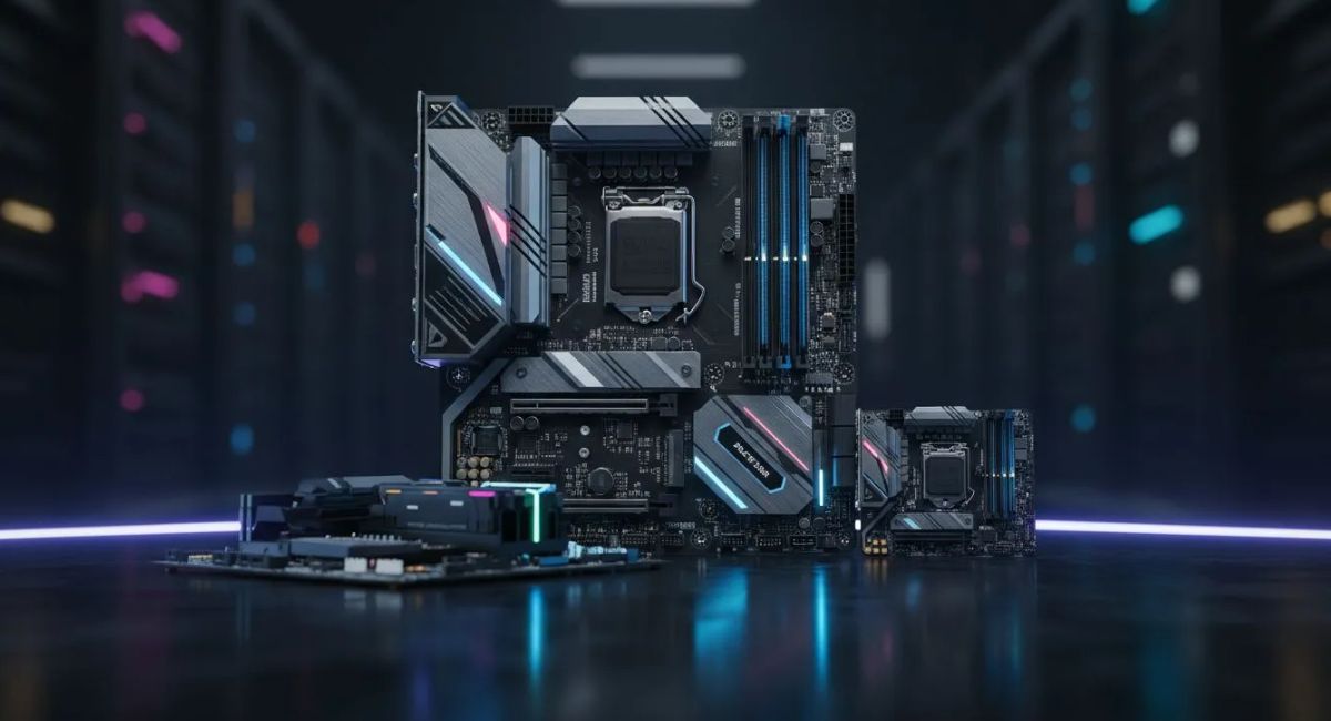 Full-size black ATX motherboard with four RAM slots, multiple PCIe expansion slots, large heatsinks, and RGB lighting accents.