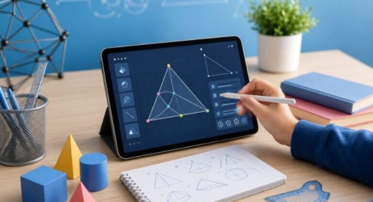 Student learning geometry with interactive Geometry Learning V3 tools, shapes, angles, and visual problem-solving exercises.