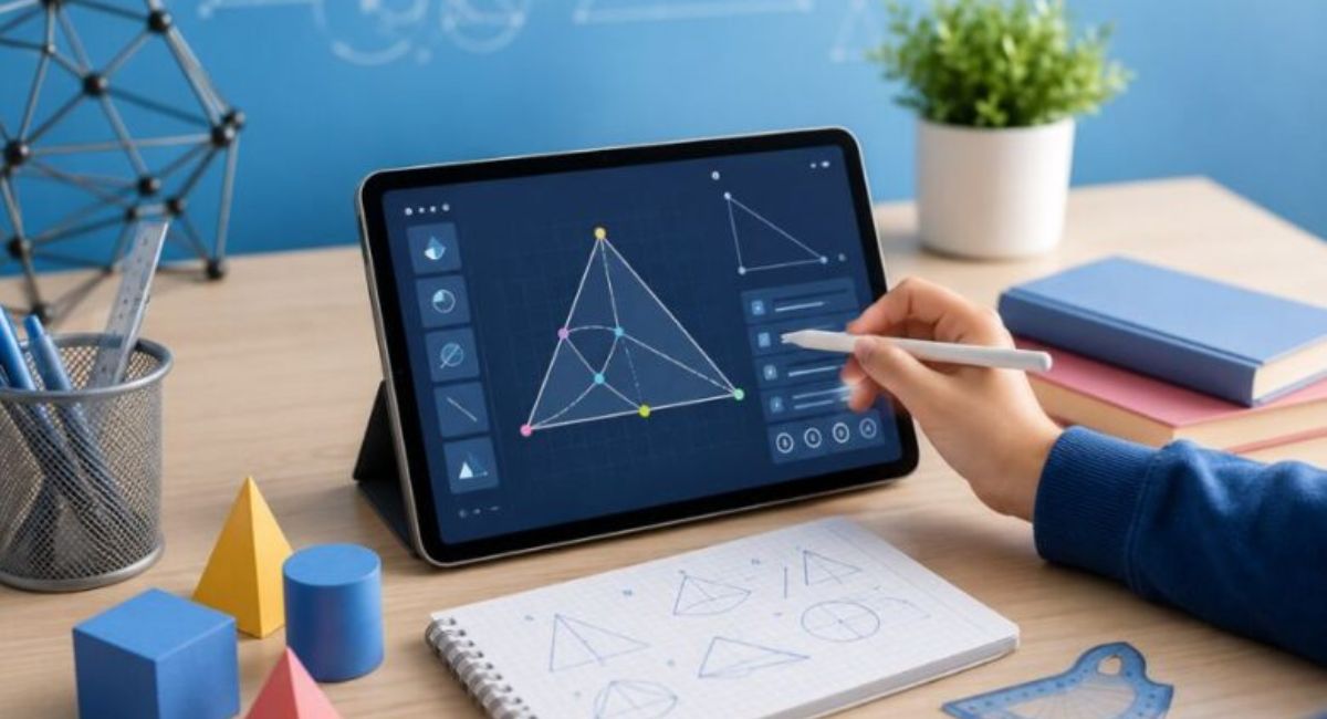 Student learning geometry with interactive Geometry Learning V3 tools, shapes, angles, and visual problem-solving exercises.
