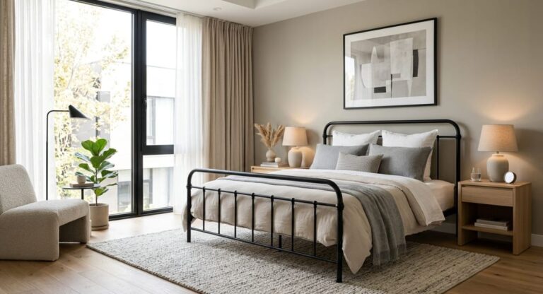 Iron Jernsenger bed frame made of durable metal, Scandinavian style furniture known for strength, long life, and modern minimalist design use.