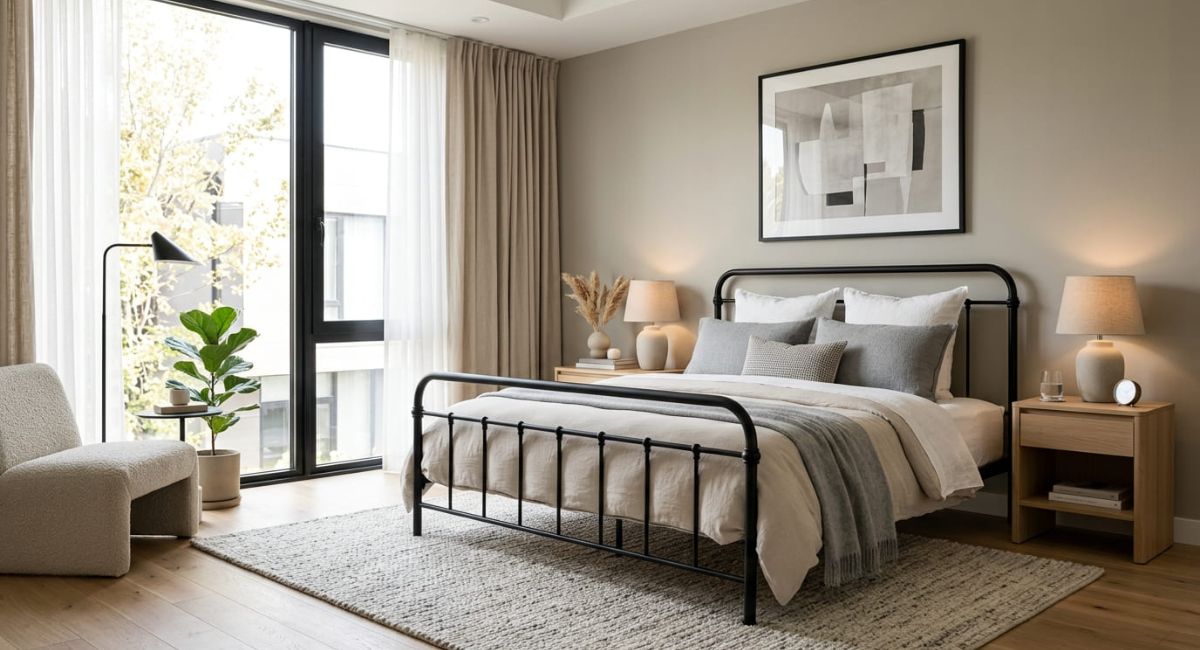 Iron Jernsenger bed frame made of durable metal, Scandinavian style furniture known for strength, long life, and modern minimalist design use.