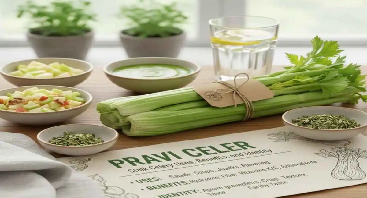 Fresh pravi celer plant showing green stalks, leaves, and root growing in garden soil for healthy organic vegetable use.