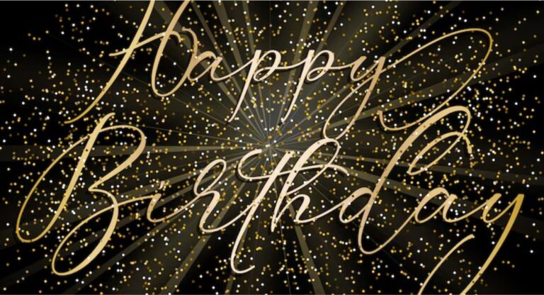 Golden birthday celebration with gold decorations, balloons, cake, and gifts showing a special age matching the birth date milestone.