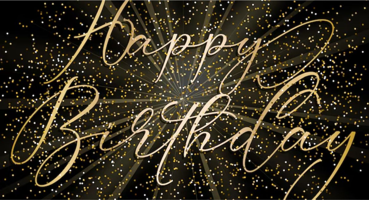 Golden birthday celebration with gold decorations, balloons, cake, and gifts showing a special age matching the birth date milestone.